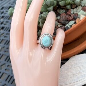 Sterling Silver Oval Larimar Ring Size 8 Modern Minimalist Cabochon Light Blue